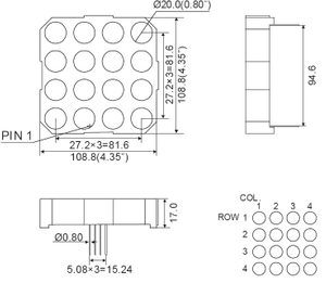 4 visualización de LED de la matriz de punto de la pulgada 4x4