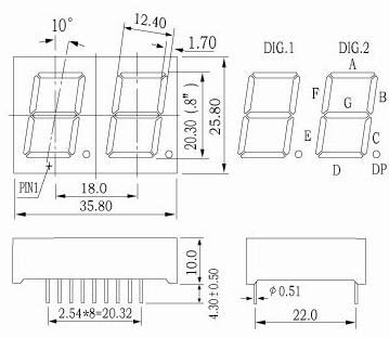 Pantalla de 7 segmentos de doble dígito de 0,8 pulgadas con circuito estático